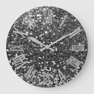 Glitter Metallic Roman Numbers Silver Graphit Grey Large Clock