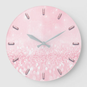 Glitter Minimal Pink Rose Spark Blush Girly Large Clock