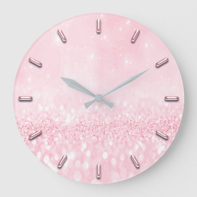 Glitter Minimal Pink Rose Spark Blush Girly Large Clock (Front)