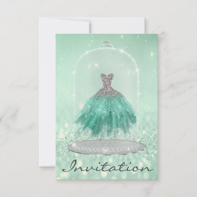 Glitter Mint Green TiffanyDiamond Dress Sweet 16th Invitation (Front)