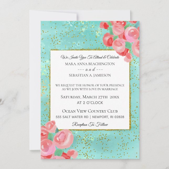 *~* Glitter Modern Abstract Floral Mint Floral Invitation (Front)