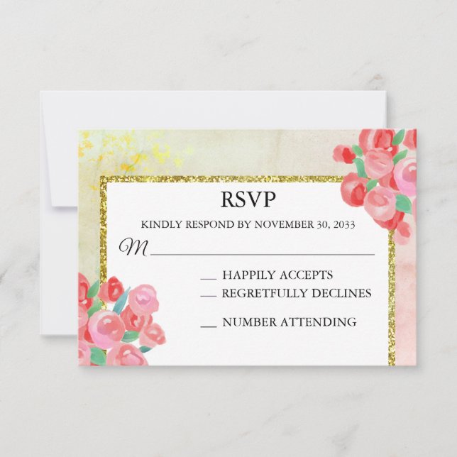 *~* Glitter Modern Floral Mint Blush Wedding RSVP Card (Front)