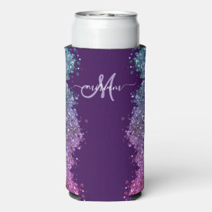 Glitter Modern Monogram Purple Teal Blue Shiny Seltzer Can Cooler