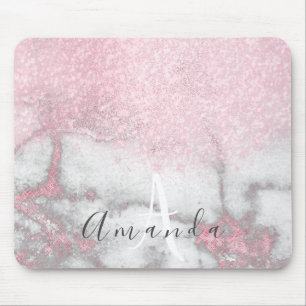 Glitter Monogram Makeup Artist Name Pink Marble Mouse Mat