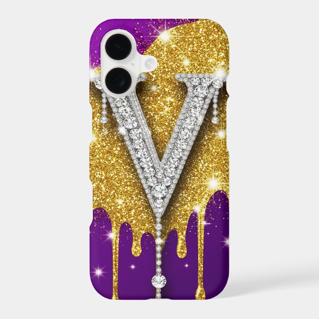 Glitter Monogram V ✨ Gold Drip Purple Luxe Glam iPhone Case (Back)