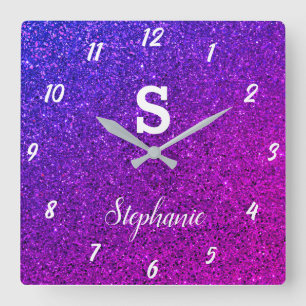 Glitter Monograms Purple Pink Elegant Gift Favour Square Wall Clock