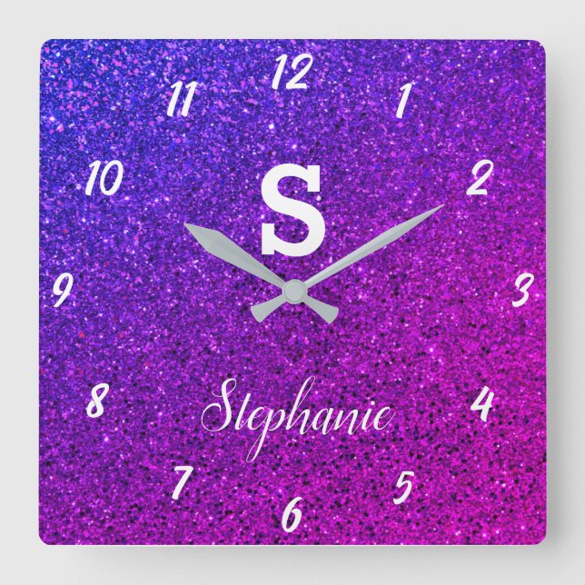 Glitter Monograms Purple Pink Elegant Gift Favour Square Wall Clock (Front)