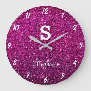 Glitter Monograms Purple Pink Modern Gift Favour Large Clock