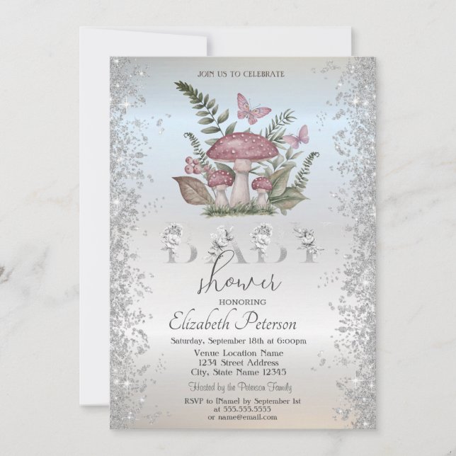Glitter Mushrooms Butterflies Silver Baby Shower Invitation (Front)