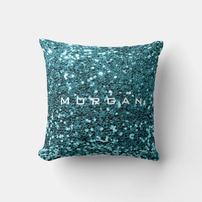 Glitter Name Fashion Sequin Blue Teal Aquatic Cushion (Front)