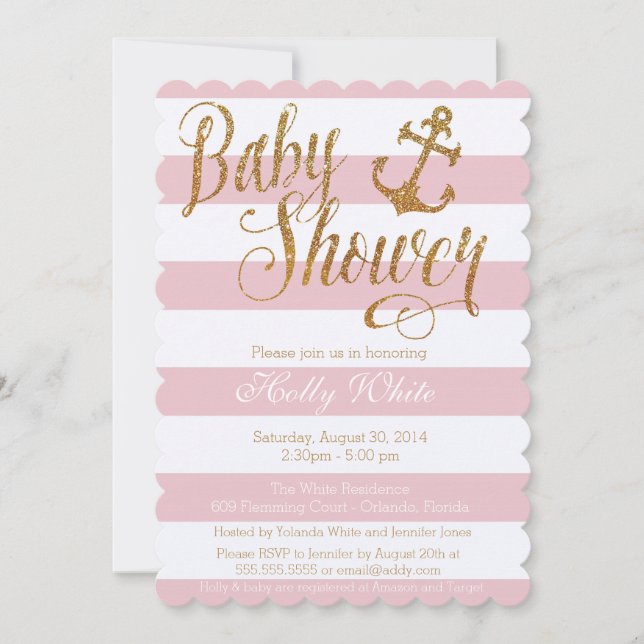 Glitter Nautical Girl Baby Shower Invitation II (Front)