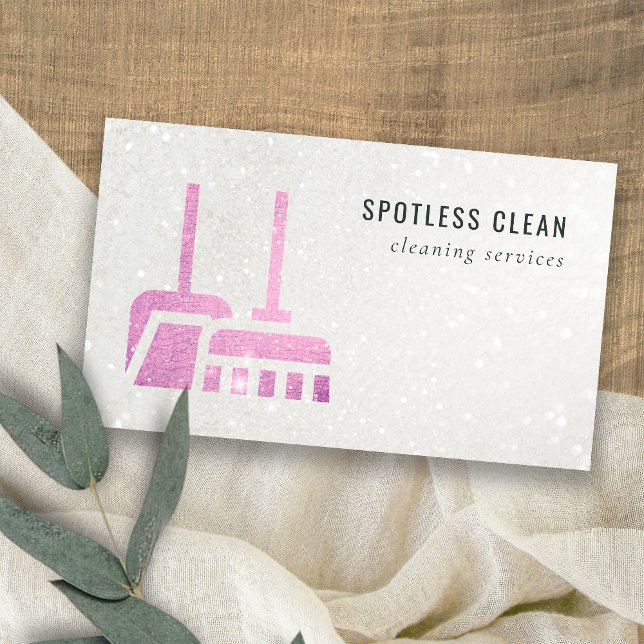 Glitter Neon Pink Broom Cleaner Cleaning Service Business Card (Creator Uploaded)