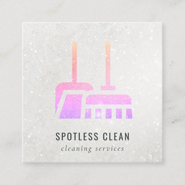 Glitter Neon Pink Orange Broom Cleaning Service Square Business Card (Front)