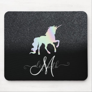 Glitter Ombre Black Monogram Holographic Unicorn Mouse Mat