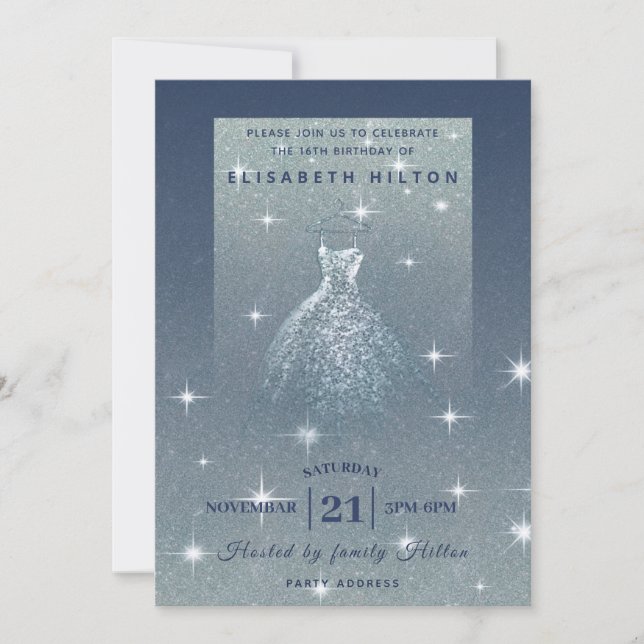 Glitter ombre dusty blue dress sweet sixteen invit invitation (Front)
