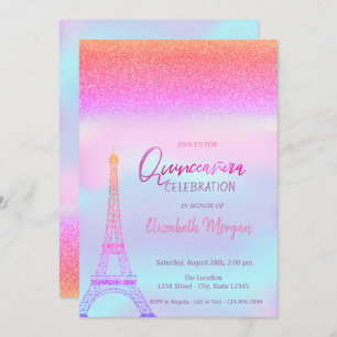 Glitter Ombre,Holographic Eiffel Tower Quinceanera Invitation