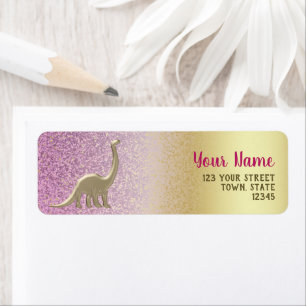 Glitter Ombre Pink & Gold Dinosaur Return Address