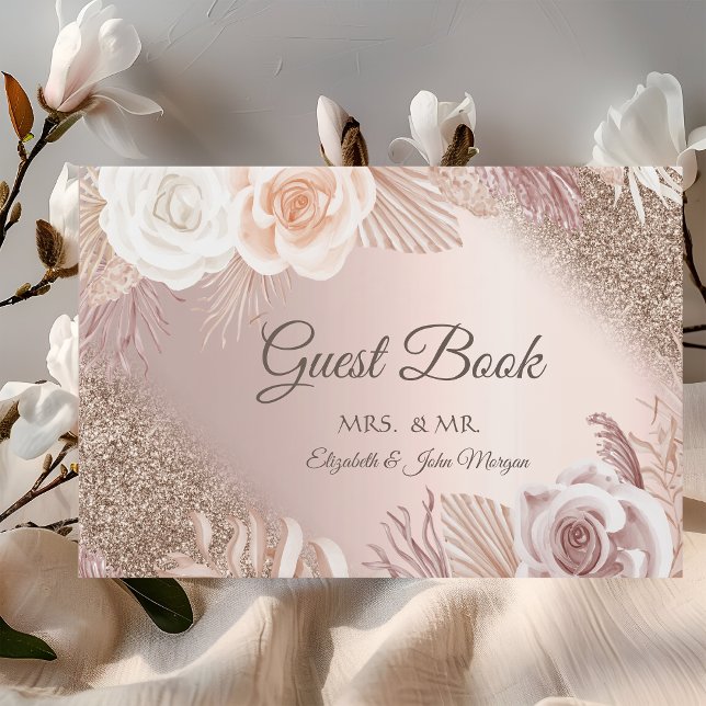 Glitter Ombre Rose Gold Boho Flowers Wedding Guest Book (Creator Uploaded)