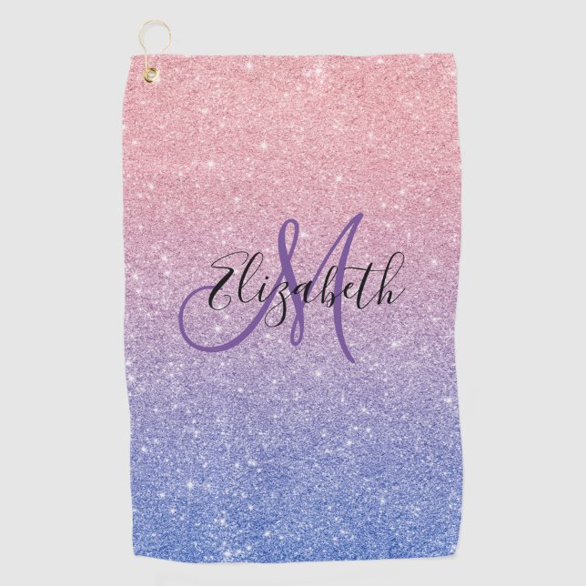 Glitter Ombre Trendy Monogram Gift Purple Golf Towel (Front)