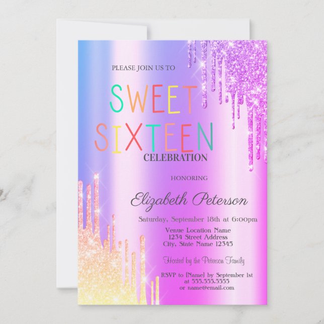  Glitter Ombre Violet Drips Colourful Sweet 16 Invitation (Front)
