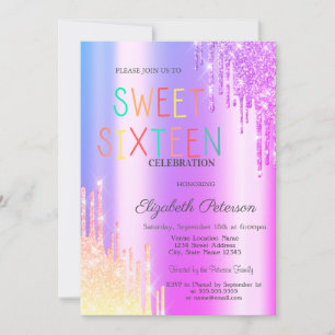 Glitter Ombre Violet Drips Colourful Sweet 16 Invitation