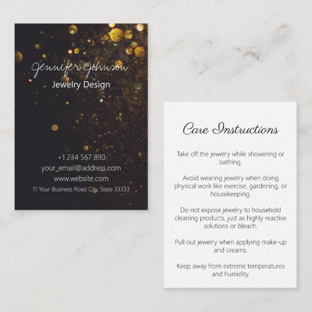Glitter on Black Jewellery Care Cards Business Car (Front/Back)