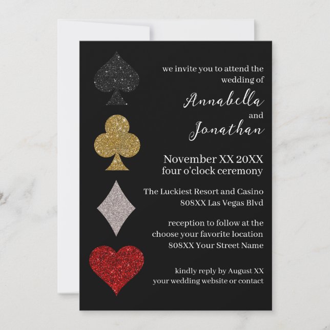 Glitter on Black Las Vegas Casino Wedding Invitation (Front)