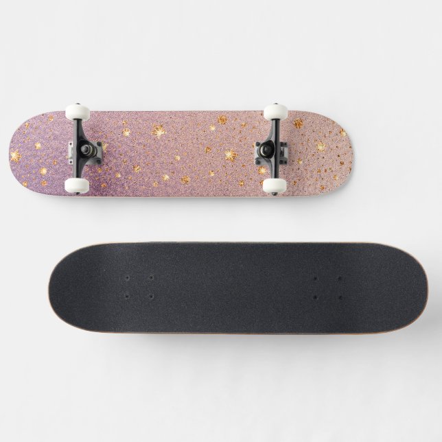 Glitter on Rose Gold & Purple Foil Texture Skateboard (Horz)