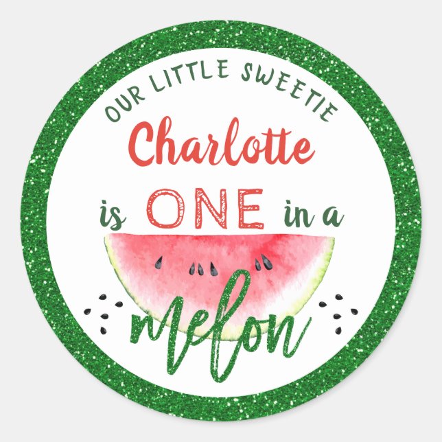 Glitter One in a Melon 1st Birthday Watermelon Classic Round Sticker (Front)