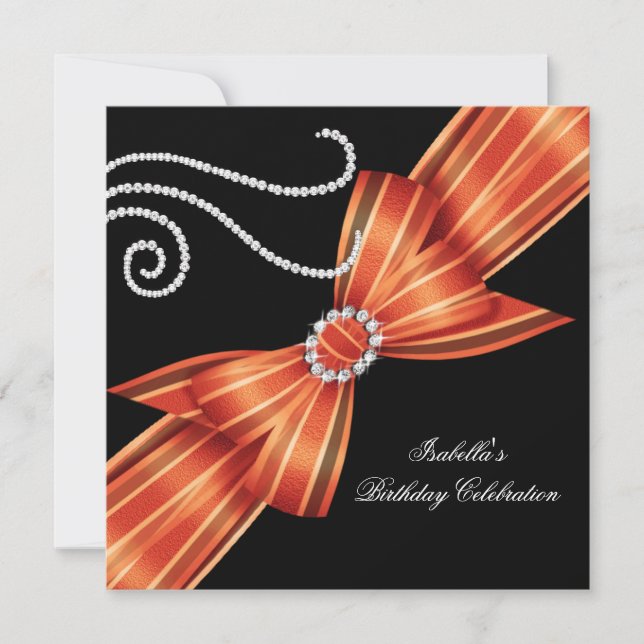 Glitter Orange Diamond Bow Black Birthday Party Invitation (Front)