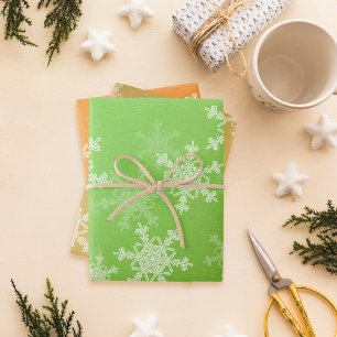 Glitter Orange Green Golden Snowflakes Christmas Wrapping Paper Sheet