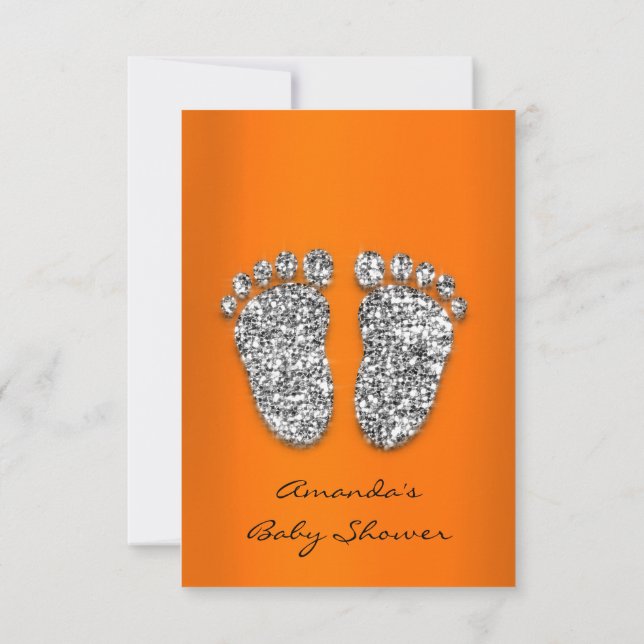 Glitter Orange Silver Baby Boy Girl Shower Feet Invitation (Back)