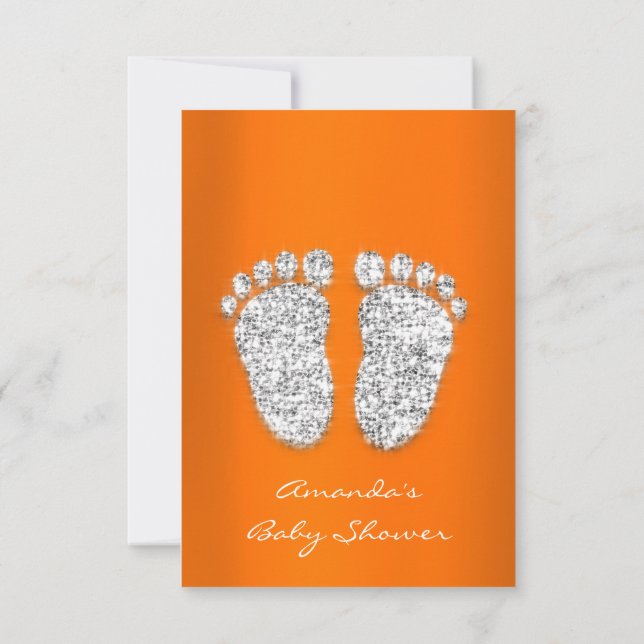 Glitter Orange Silver Baby Boy Girl Shower Feet Invitation (Back)
