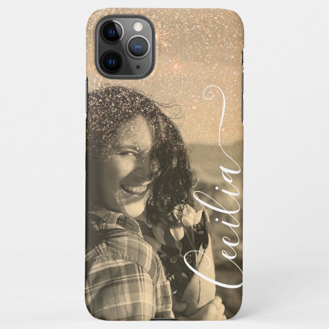 Glitter Overlay Sepia Photo Template Custom Name iPhone Case (Back)