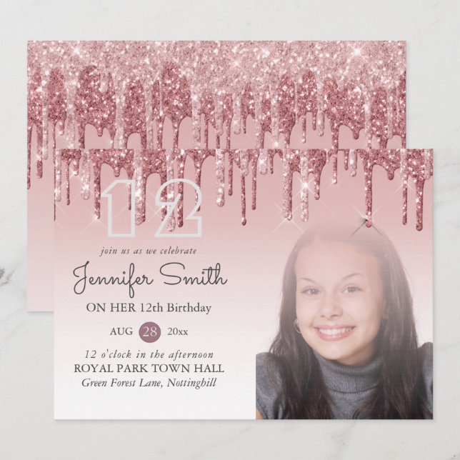 GLITTER PARTY Rose Gold PINK ANY AGE PHOTO Girls Invitation (Front/Back)