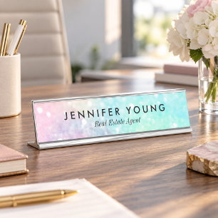 Glitter Pastel Bokeh Girly Colourful Pattern Desk Name Plate