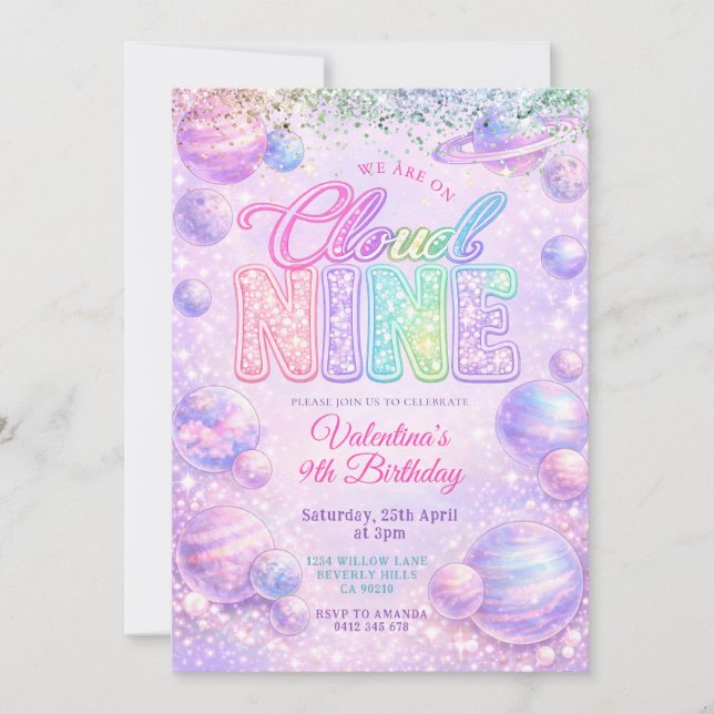 Glitter Pastel Rainbow Space Birthday Party Invitation (Front)