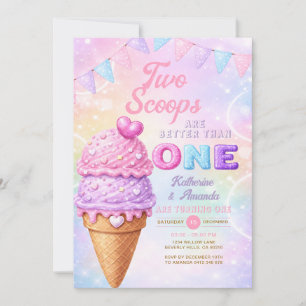 Glitter Pastel Twin Birthday Ice Cream Party Invitation