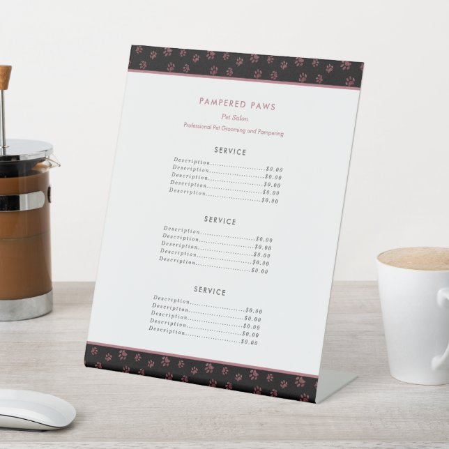 Glitter Paw Prints Rose Gold Pet Salon Services Pedestal Sign (In SItu)