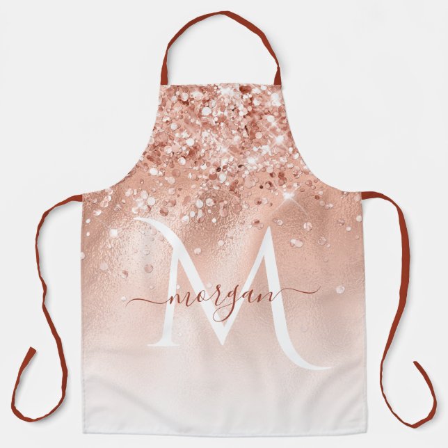 Glitter Peach Rose Gold Monogram Apron (Front)