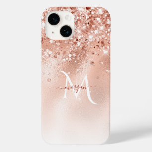 Glitter Peach Rose Gold Monogram Case-Mate iPhone 14 Case