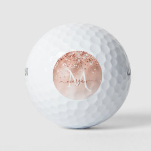Glitter Peach Rose Gold Monogram Golf Balls