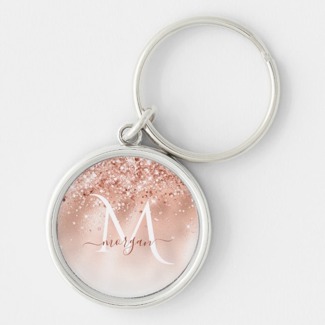 Glitter Peach Rose Gold Monogram Key Ring (Front)