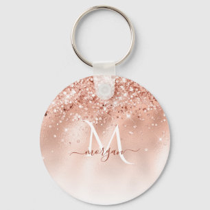 Glitter Peach Rose Gold Monogram Key Ring