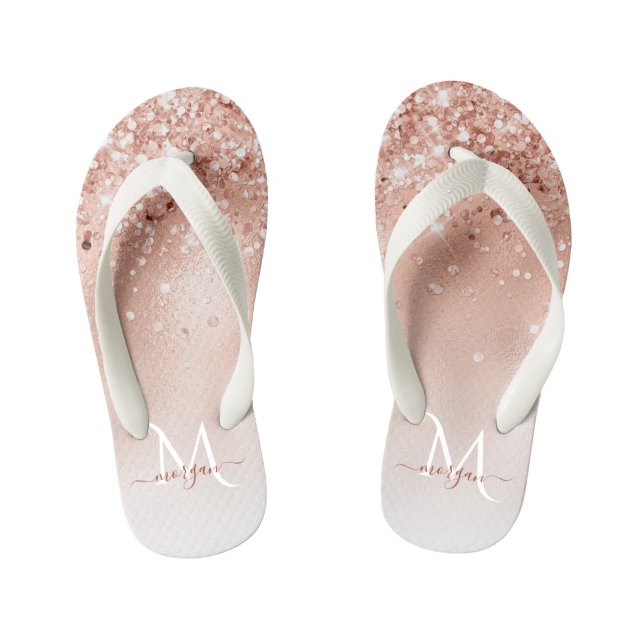 Glitter Peach Rose Gold Monogram Kid's Flip Flops (Footbed)