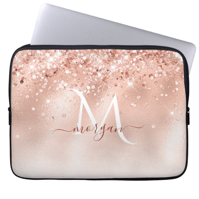 Glitter Peach Rose Gold Monogram Laptop Sleeve (Front)