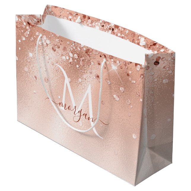 Glitter Peach Rose Gold Monogram Large Gift Bag (Back Angled)