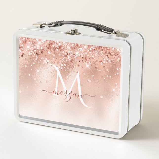 Glitter Peach Rose Gold Monogram Metal Lunch Box (Front)