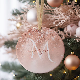 Glitter Peach Rose Gold Monogram Photo Ornament