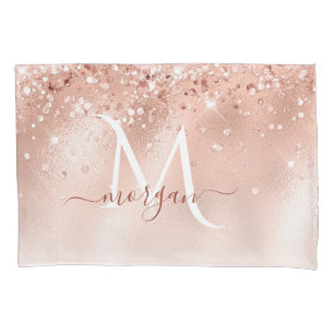 Glitter Peach Rose Gold Monogram Pillowcase
